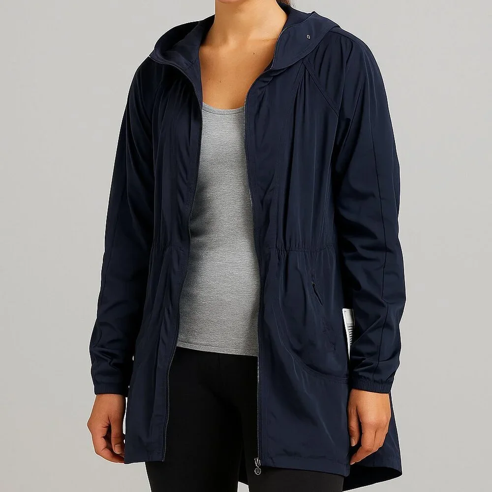 Athleta Drippity Jacket – Navy Blue (Size M) Stowable Hoodie Zip Up Front Pocket - Picture 1 of 7